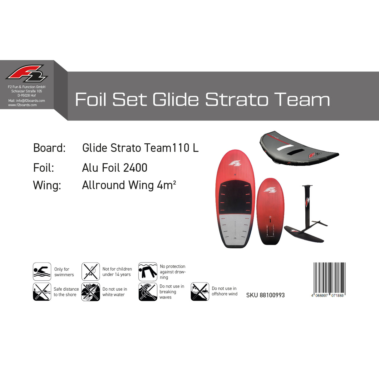 F2 Set Foilboard Glide Strato Team + Alu Limited Foil + Allround Wing Komplettset Größen wählbar