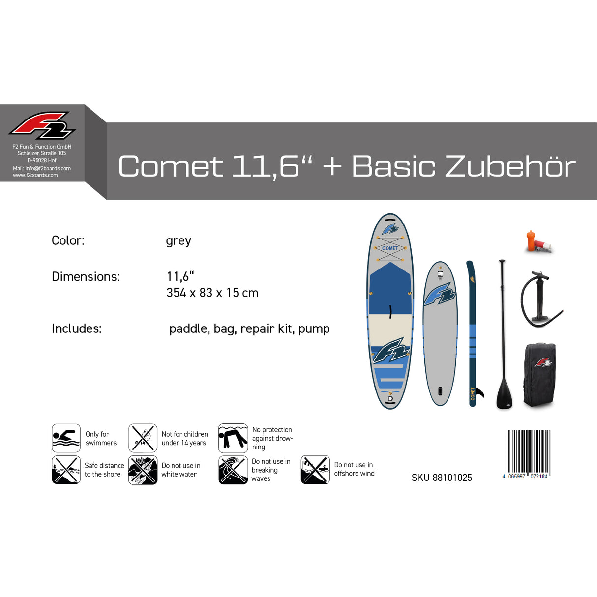 F2 Set Stand Up Paddle Board Comet Grau 11,6 + Basic Zubehör Paket