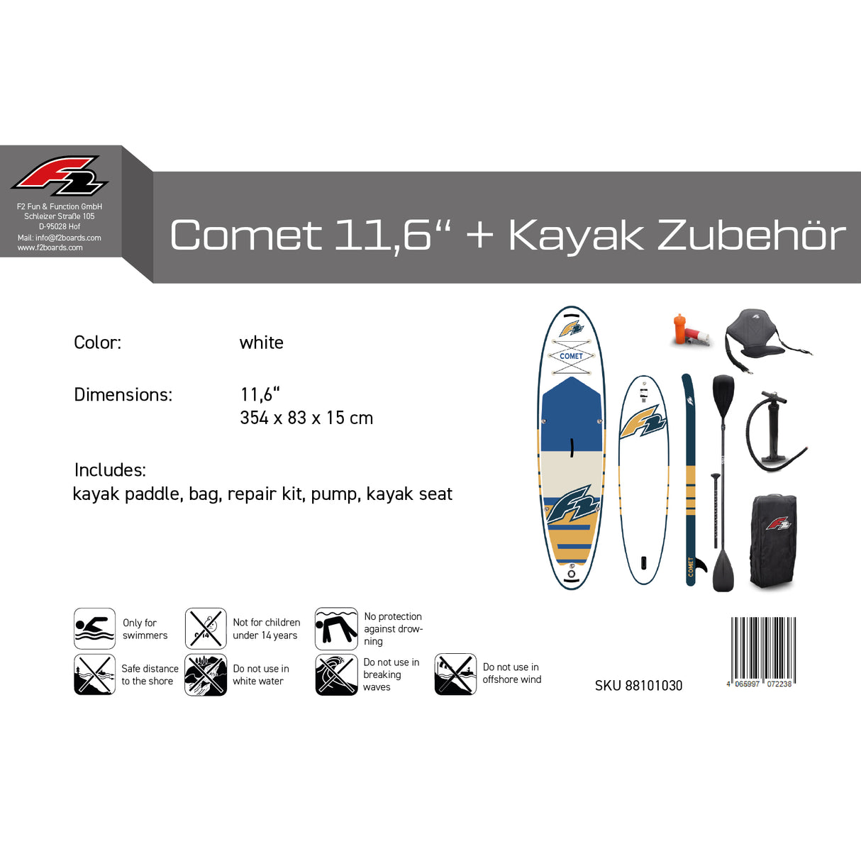 F2 Set Stand Up Paddle Board Comet Weiss 11,6 + Kajak Zubehör Paket