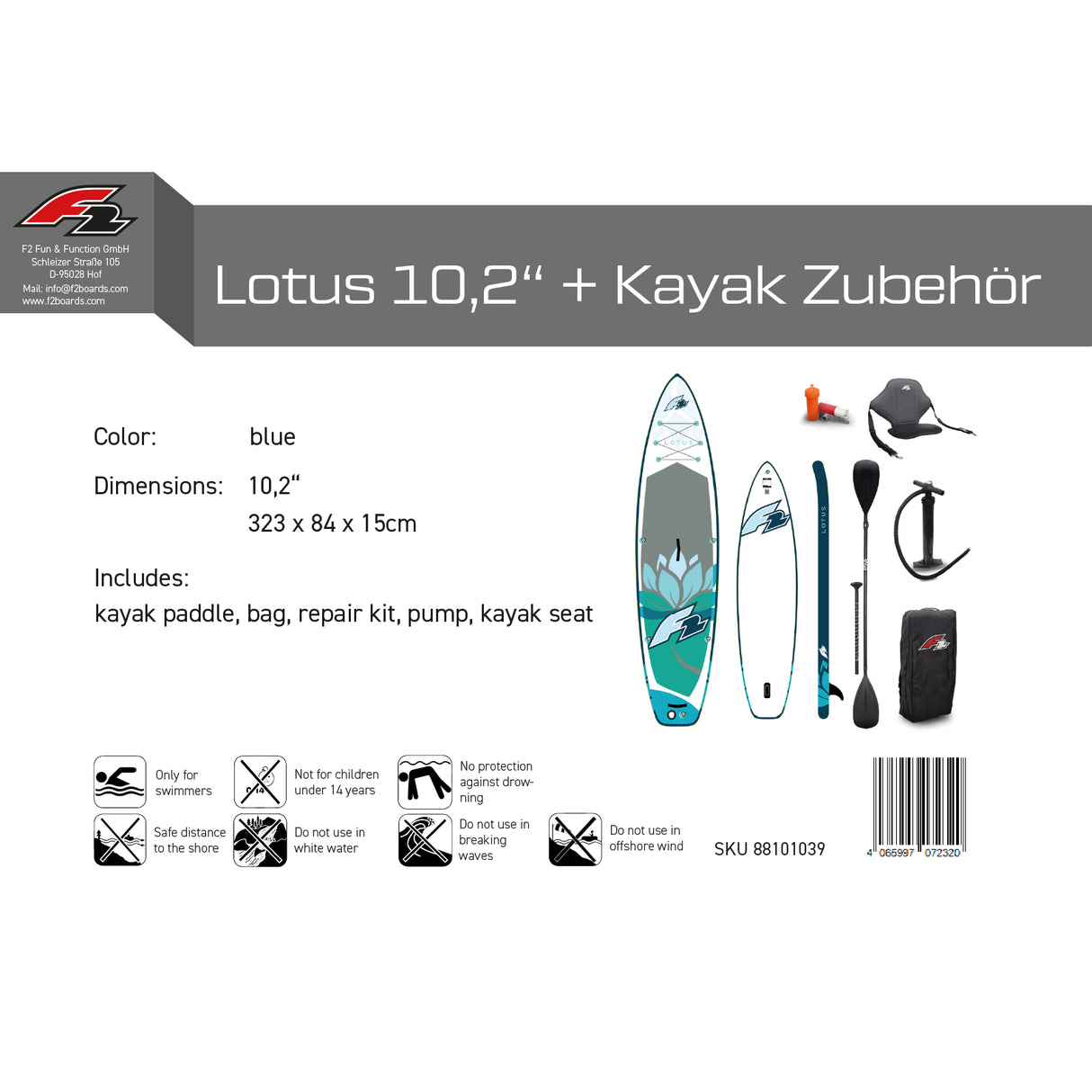 F2 Set Damen Stand Up Paddle Board Lotus Blau 10,2 + Kajak Zubehör Paket