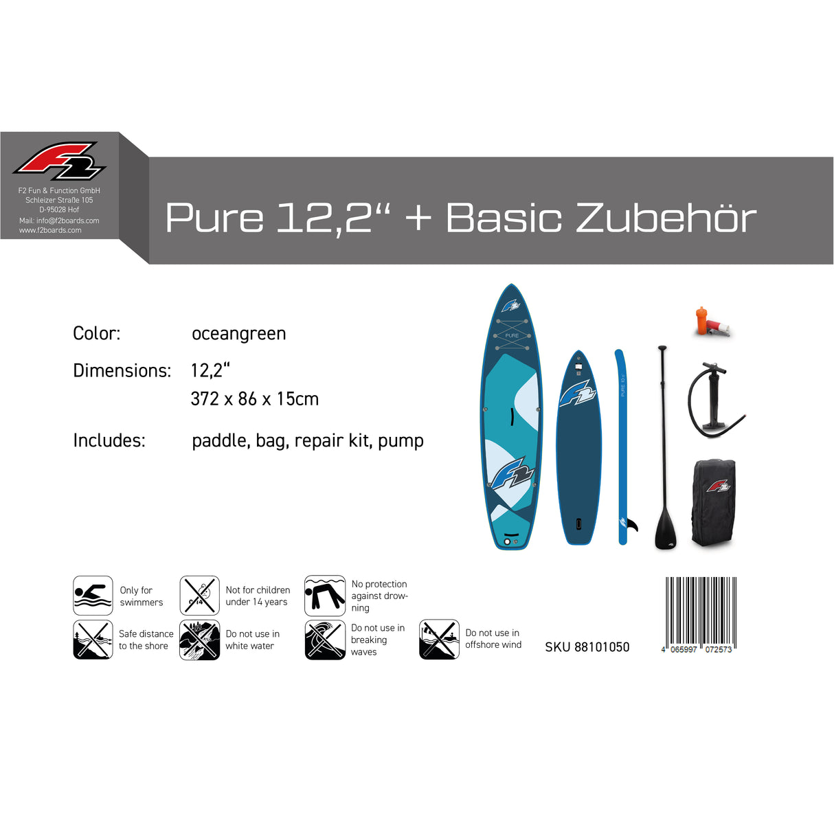 F2 Set Stand Up Paddle Board Pure Oceangreen 12,2 + Basic Zubehör Paket