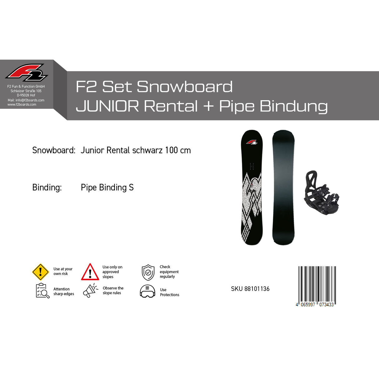 F2 Set Snowboard Junior Rental Schwarz + Pipe Bindung Größen wählbar