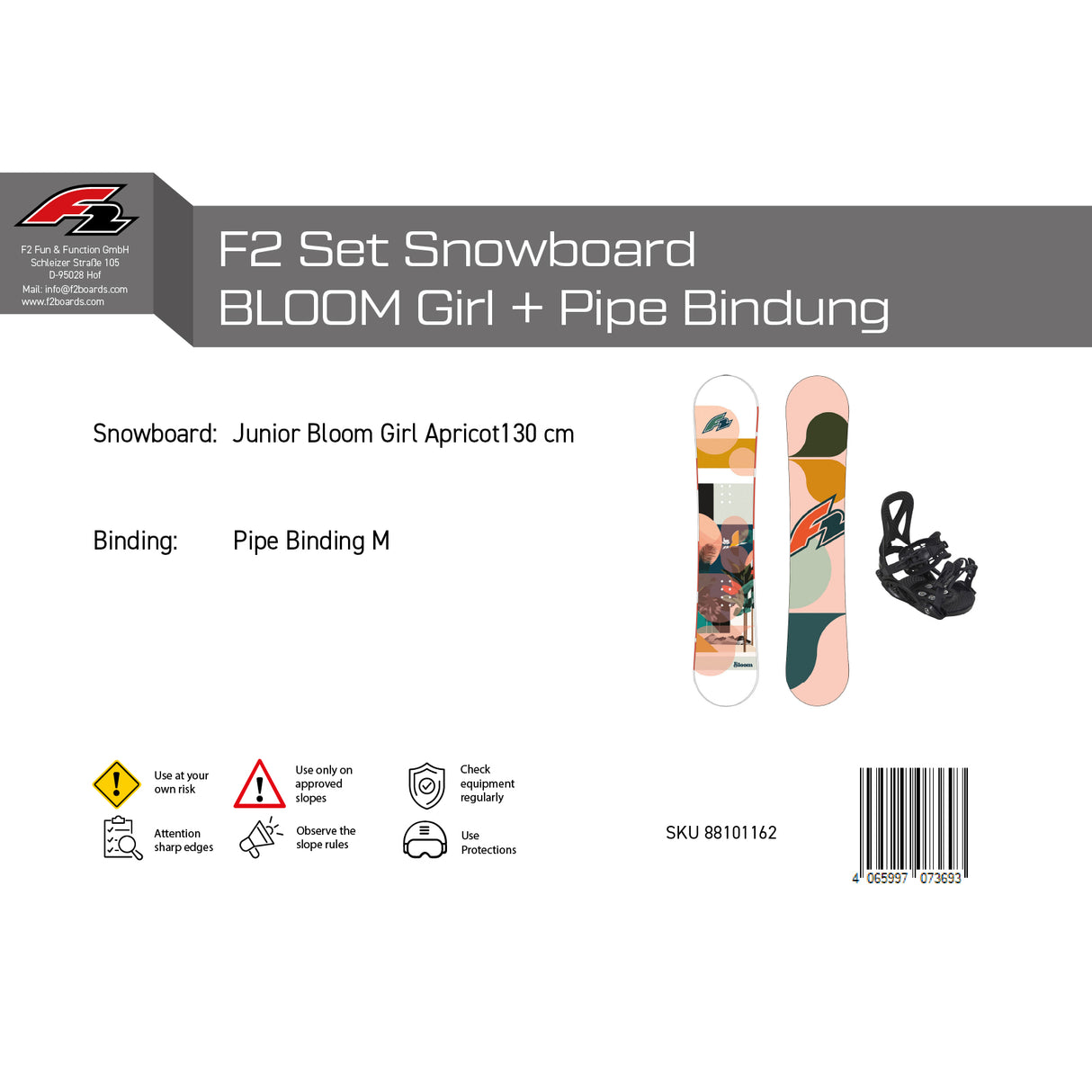 F2 Set Snowboard Junior Bloom Girl Apricot 130cm + Pipe Bindung M