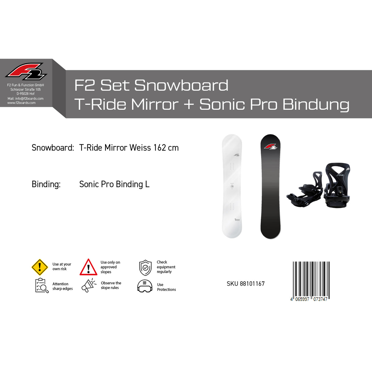 F2 Set Snowboard T-Ride Mirror Weiss + Sonic Pro Bindung L - Komplettset Größe wählbar