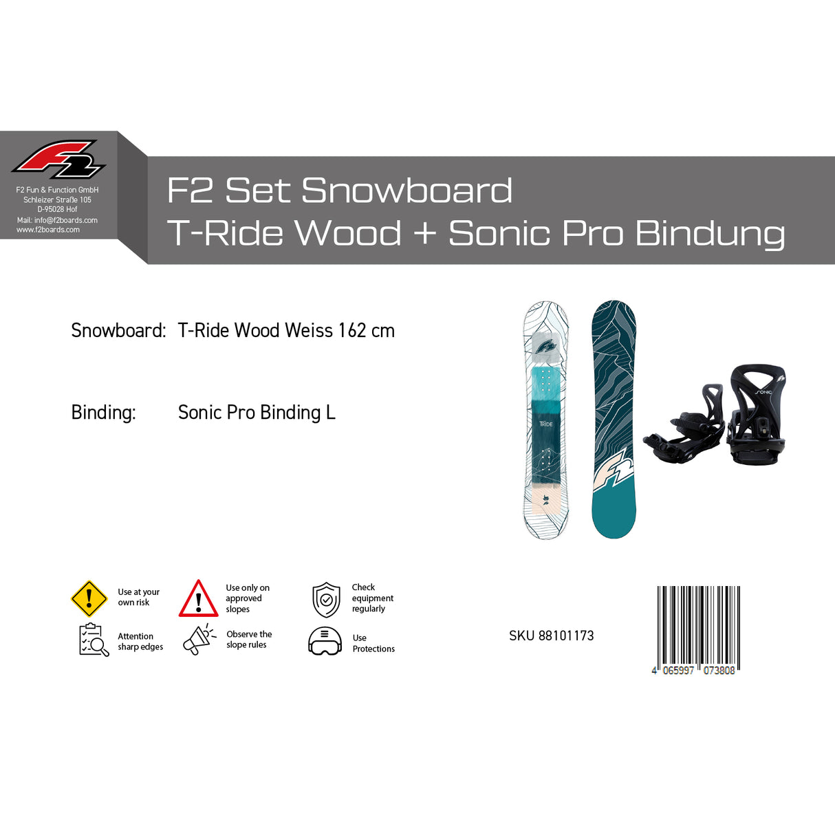 F2 Set Snowboard T-Ride Wood Weiss + Sonic Pro Bindung - Komplettset Größen wählbar