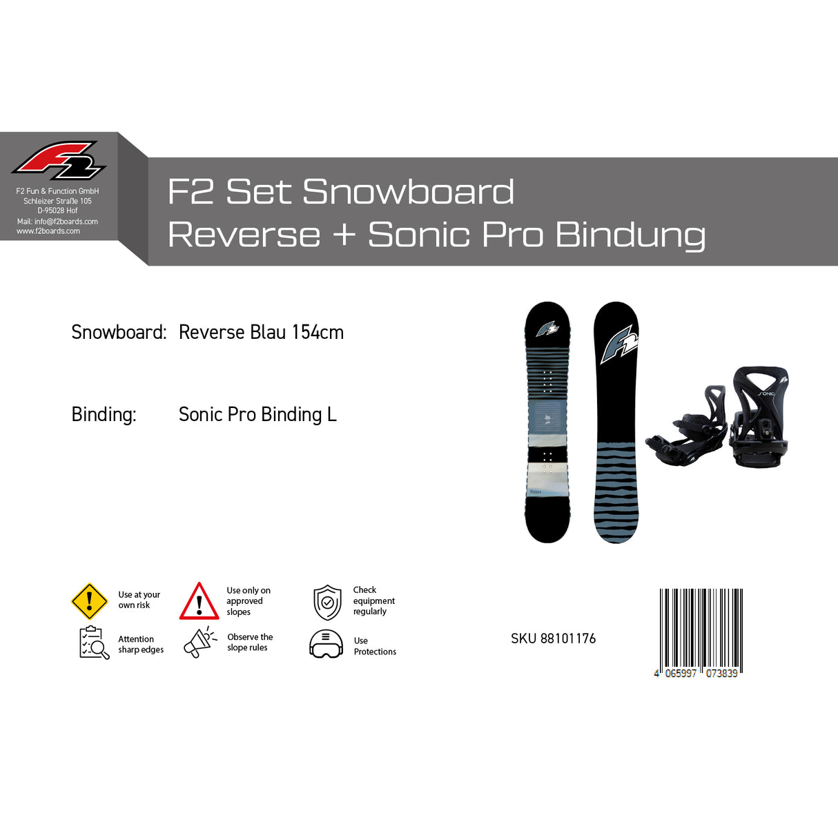 F2 Set Snowboard Reverse Blau 154cm + Sonic Pro Bindung L
