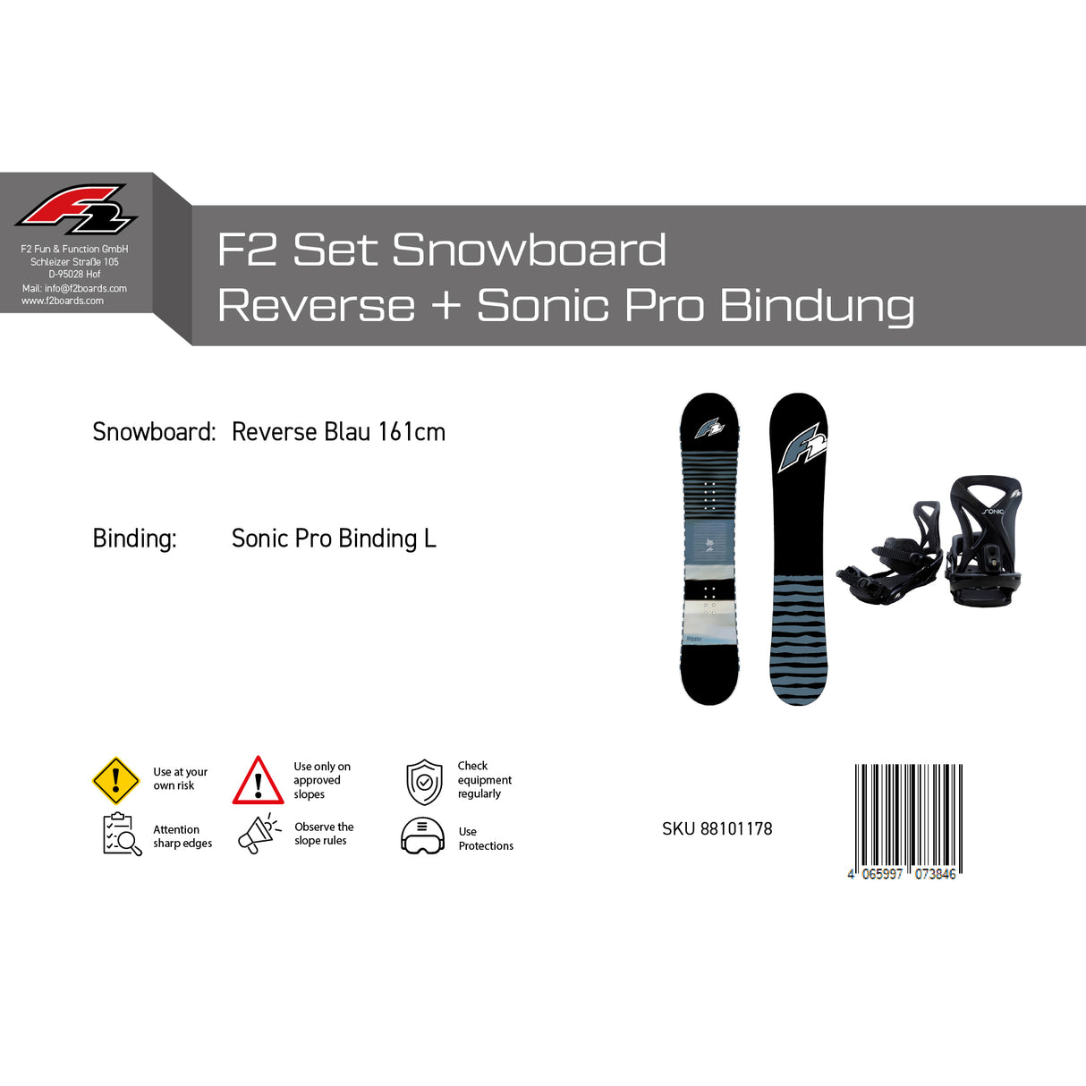 F2 Set Snowboard Reverse Blau + Sonic Pro Bindung - Komplettset Größen wählbar