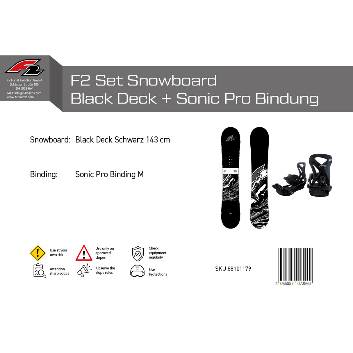 F2 Set Snowboard Blackdeck Schwarz 143cm + Sonic Pro Bindung M