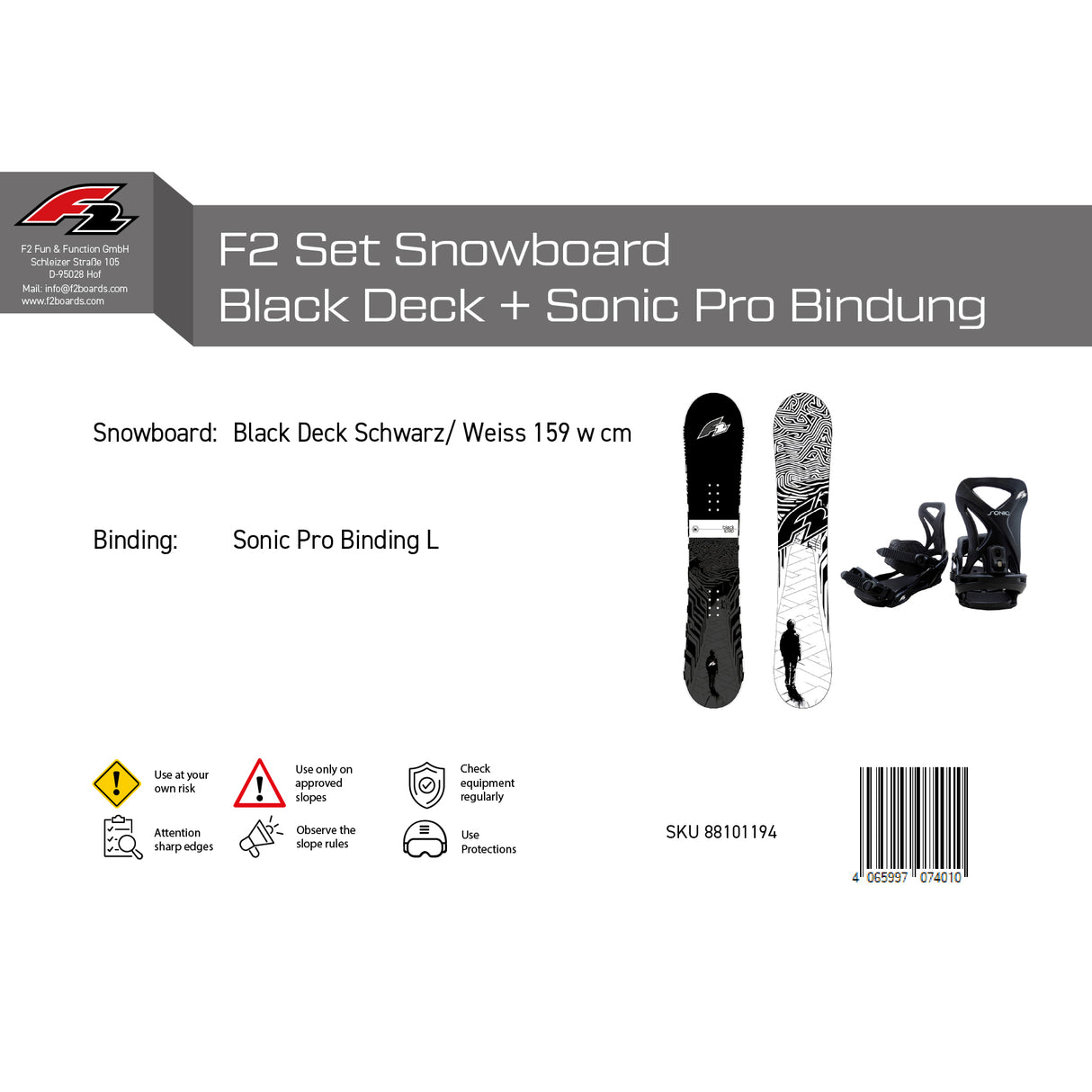 F2 Set Snowboard Blackdeck Schwarz/Weiss + Sonic Pro Bindung - Komplettset Größen wählbar