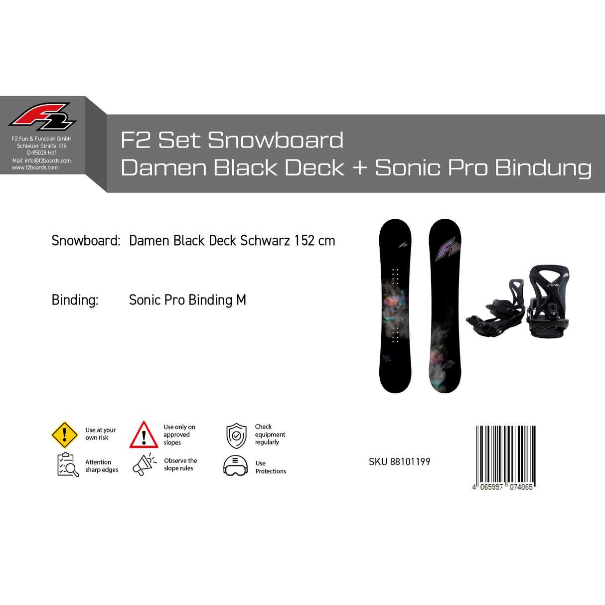 F2 Set Damen Snowboard Blackdeck + Sonic Pro Bindung M - Komplettset Größe wählbar