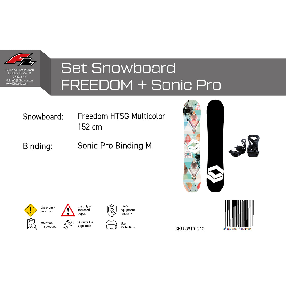 F2 Set Damen Snowboard Freedom HTSG Multicolor Sondermodell + Sonic Bindung M - Komplettset Größe wählbar