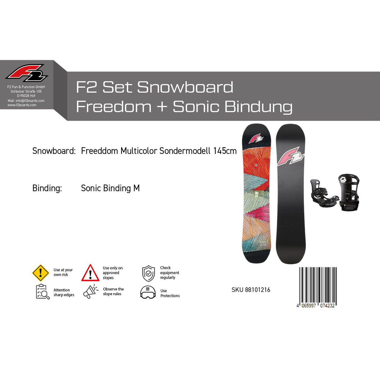 F2 Set Damen Snowboard Freedom Multicolor + Sonic Bindung M - Sale - Komplettset Größe wählbar