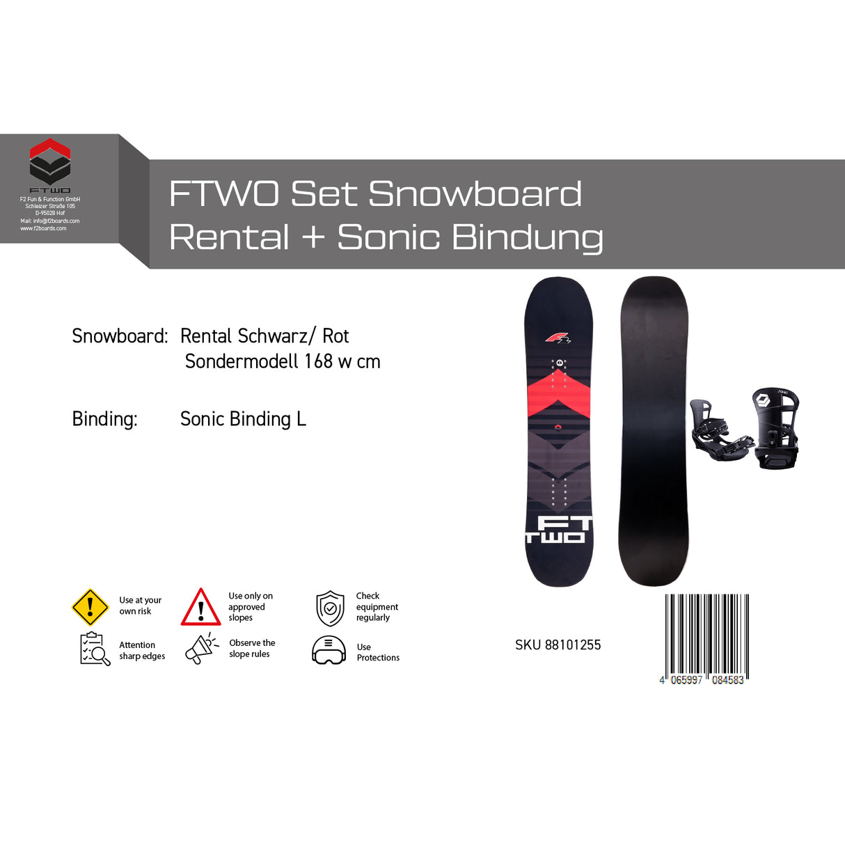 FTWO Set Snowboard Rental Schwarz/Rot + Sonic Bindung - Sale - Komplettset Größe wählbar