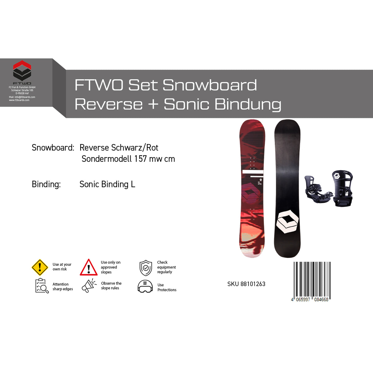 FTWO Set Snowboard Reverse Schwarz/Rot + Sonic Bindung - Sale - Komplettset Größen wählbar