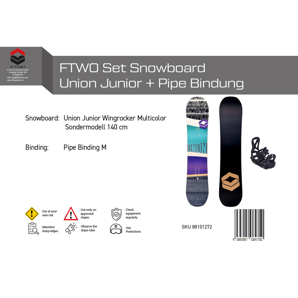 FTWO Set Junior Snowboard Union Wingrocker + Pipe Bindung - Sale - Komplettset Größen wählbar