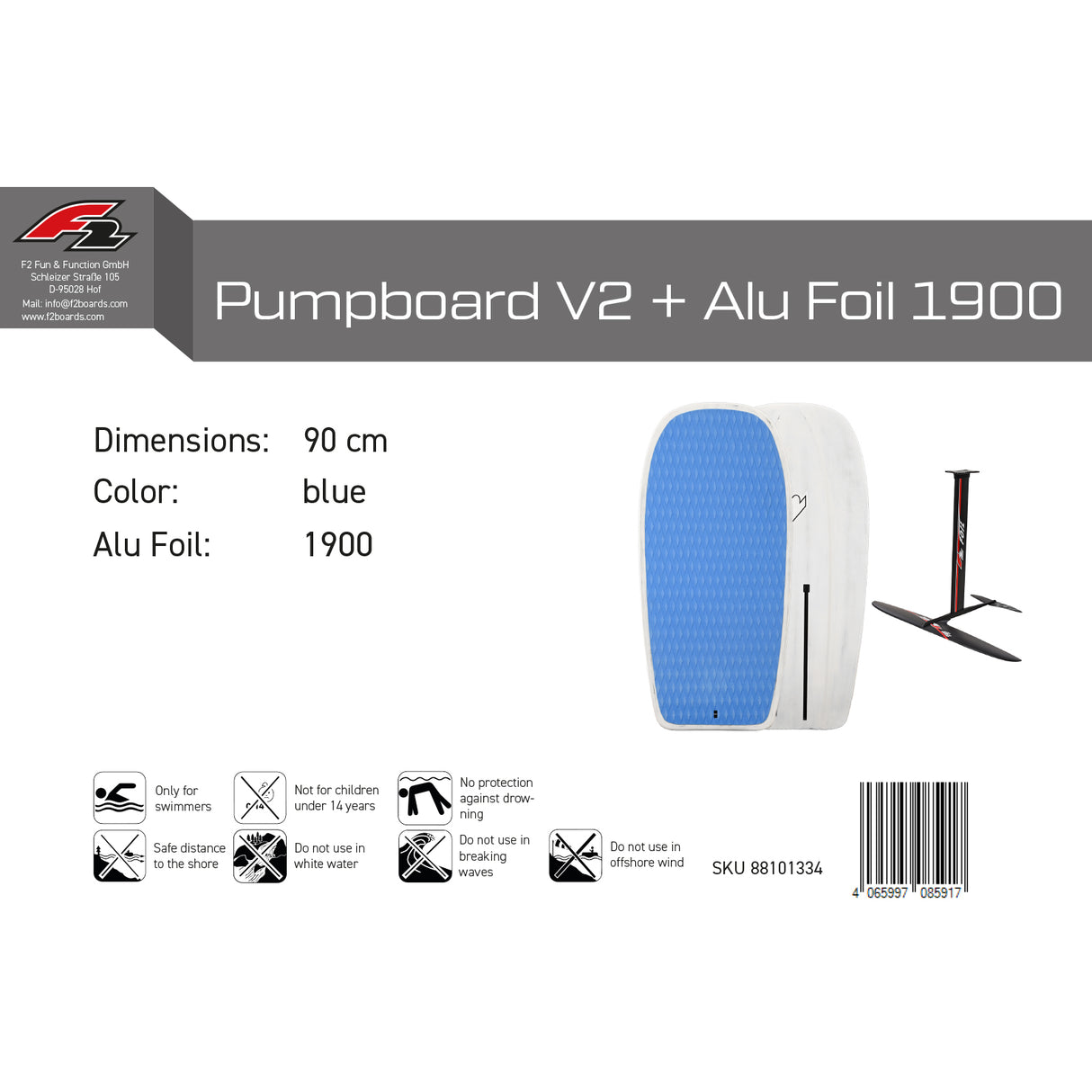 F2 Set Pumpfoilboard V2 10,4L Blau 90cm mit Alu Foil 1900