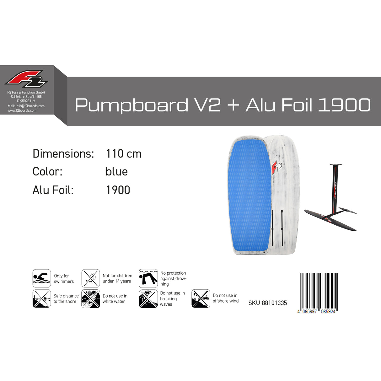 F2 Set Pumpfoilboard V2 12,7L Blau 110cm mit Alu Foil 1900