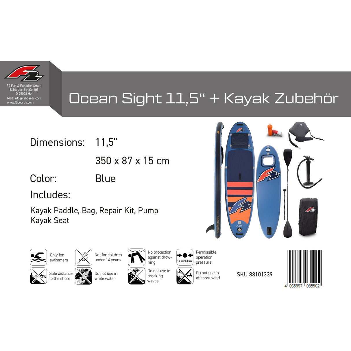 F2 Set Stand Up Paddle Board Ocean Sight Blau 11,5 + Kajak Zubehör Paket