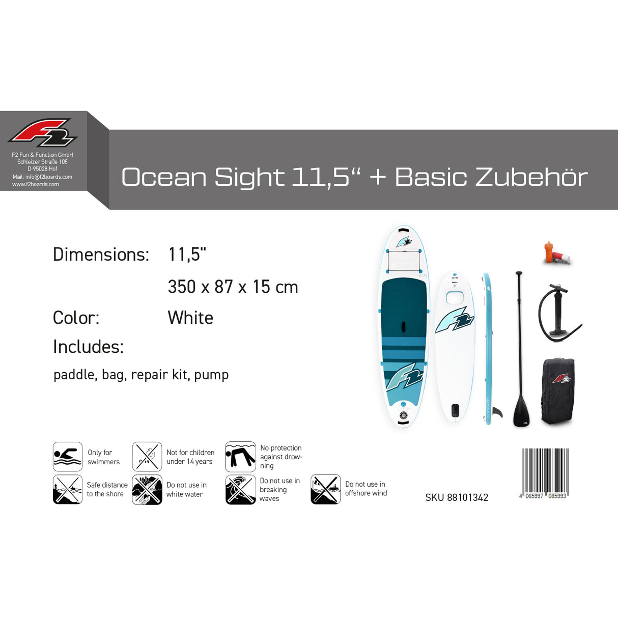 F2 Set Stand Up Paddle Board Ocean Sight Weiss 11,5 + Basic Zubehör Paket
