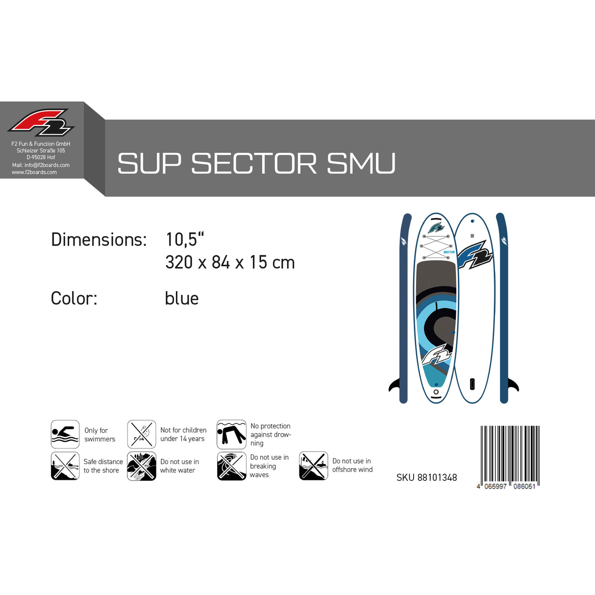 F2 SUP Stand Up Paddle Board Sector SMU Board Only - Größe wählbar