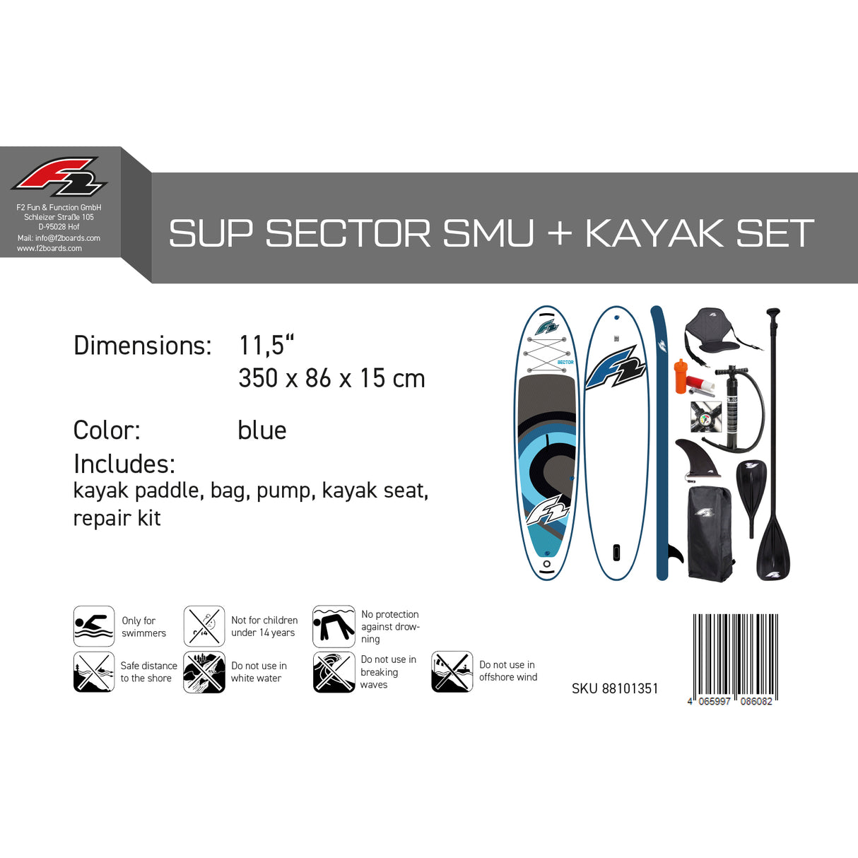 F2 Set Stand Up Paddle Board Sector SMU Blau 11,5 + Kajak Zubehör