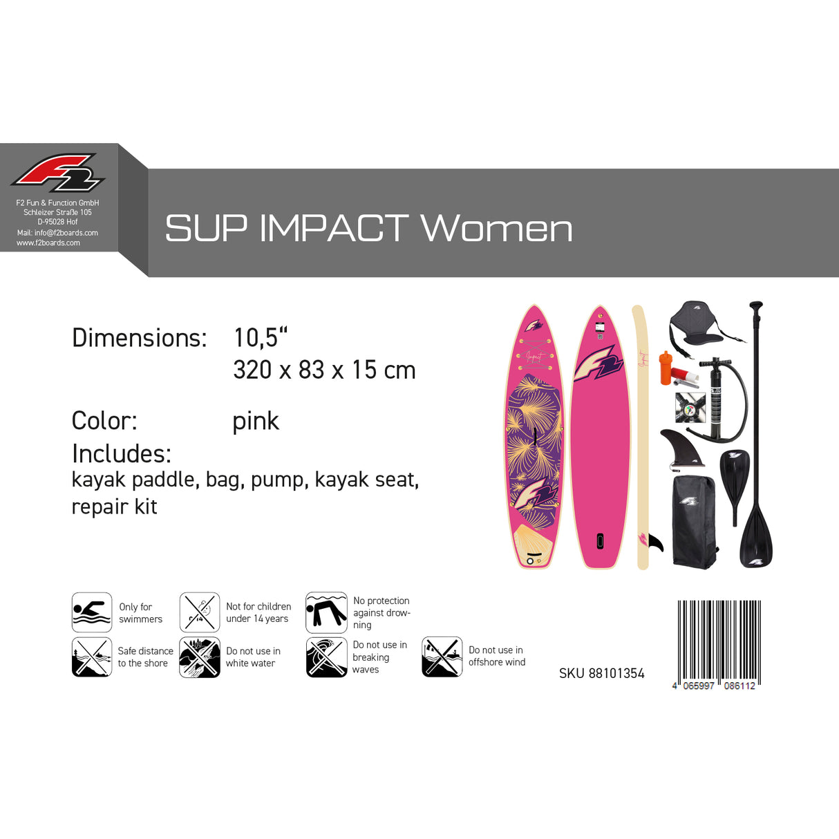 F2 Damen Stand Up Paddle Board Impact + Kajak Zubehör - Größe wählbar
