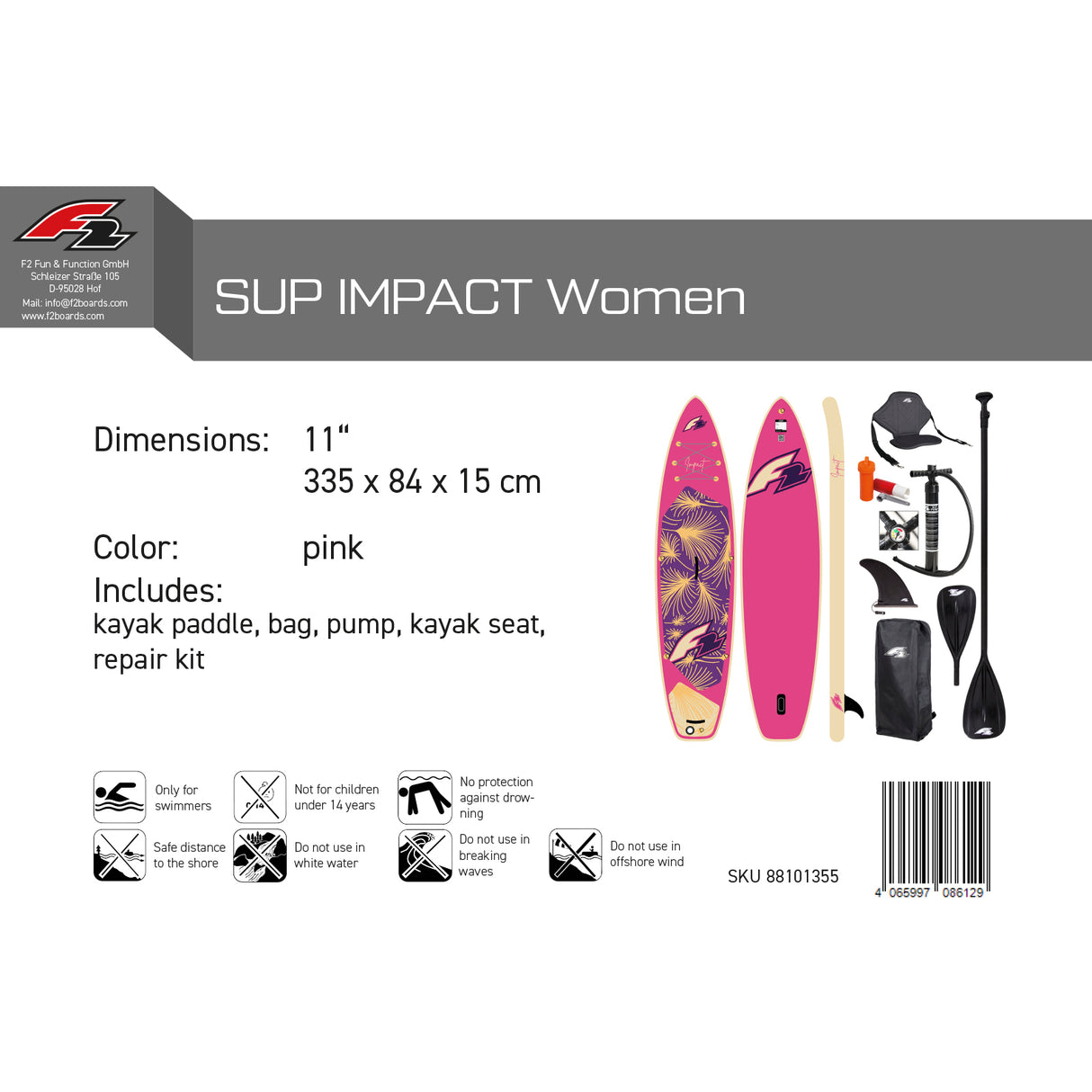 F2 Set Damen Stand Up Paddle Board Impact Pink 11,0 + Kajak Zubehör