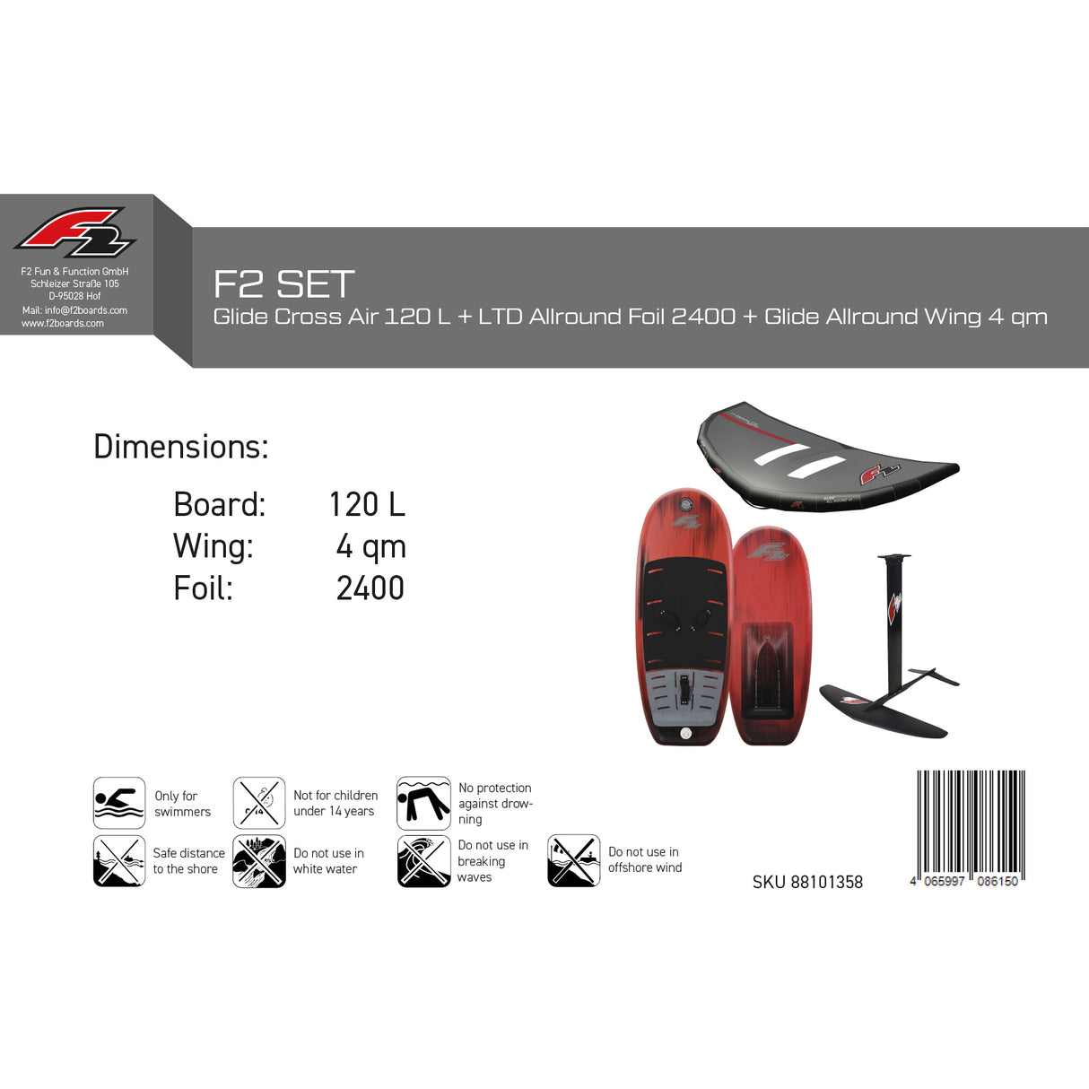 F2 Set Glide Cross Air + LTD Allround Foil + Glide Allround Wing Größen wählbar