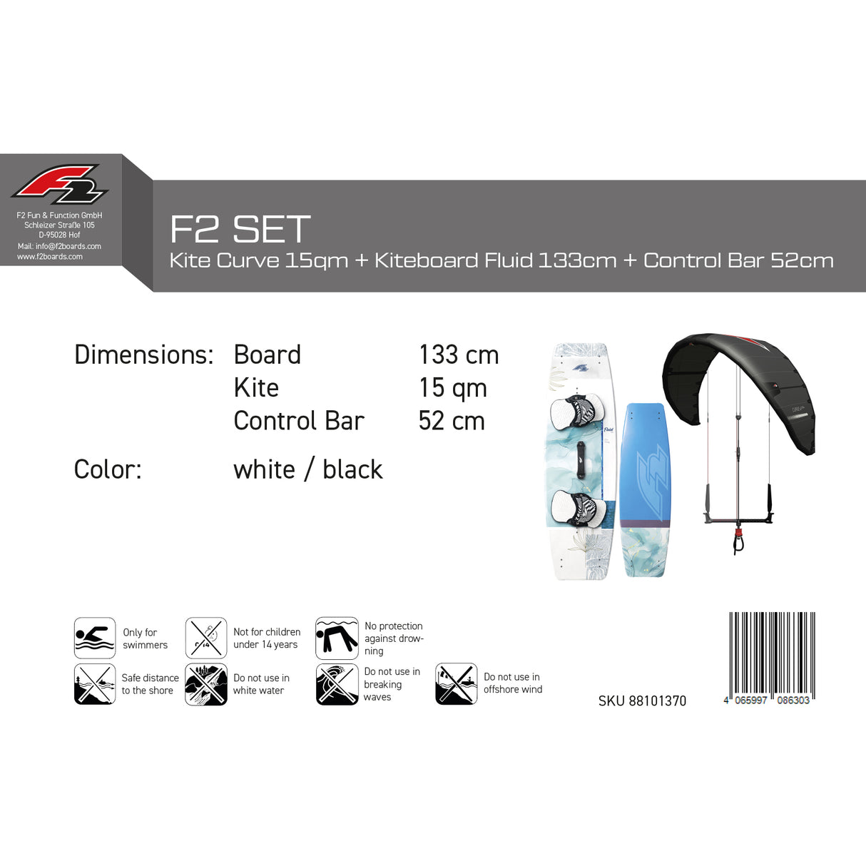 F2 Damen Set Kite Curve 15qm + Kiteboard Fluid 133cm + Control Bar 52cm