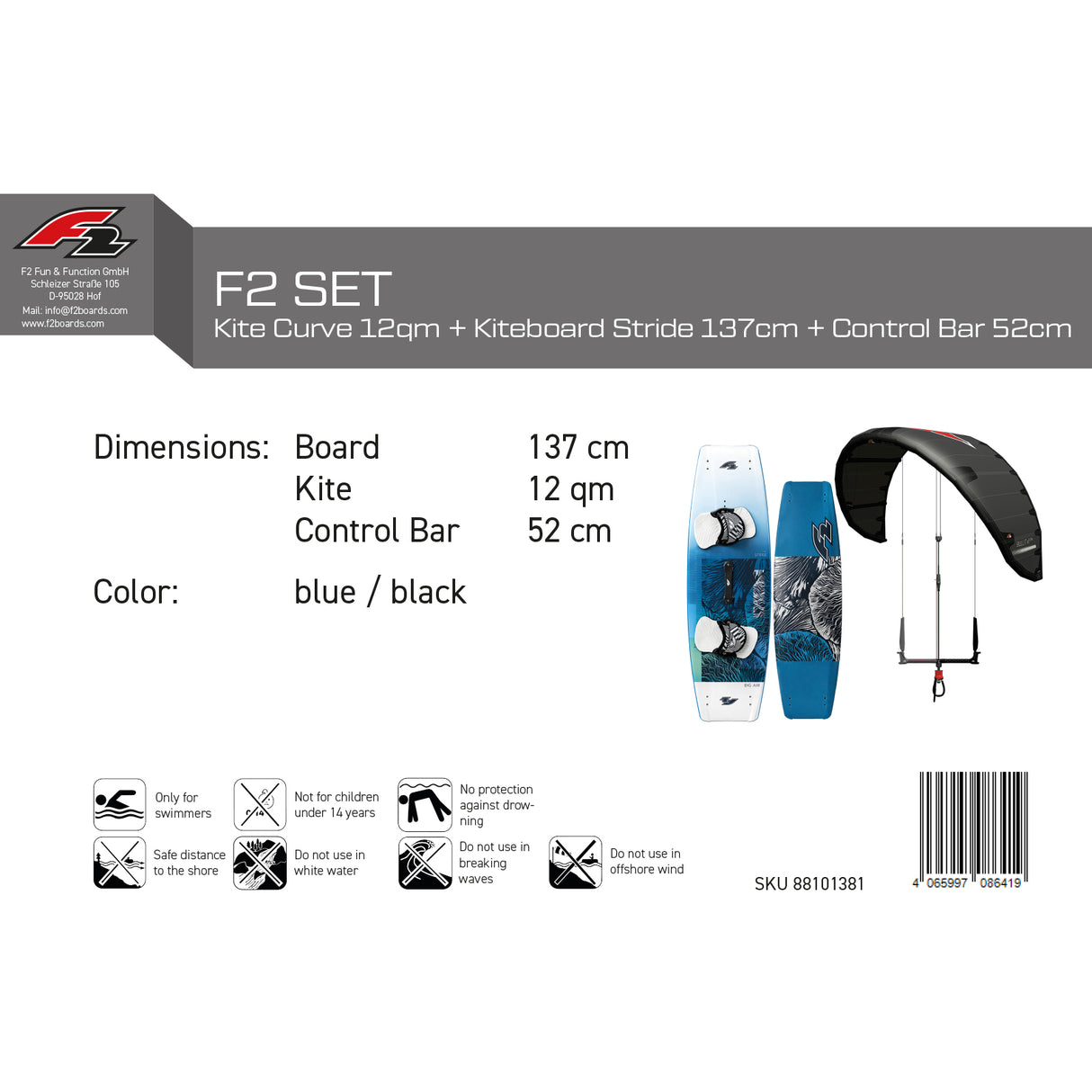F2 Set Kite Bullit 12qm + Kiteboard Stride 137cm + Control Bar 52cm