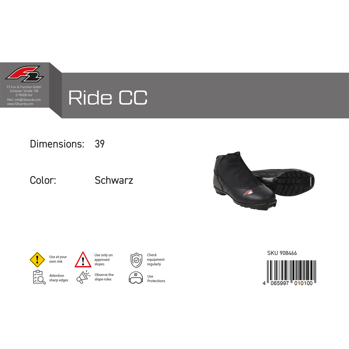 F2 Langlaufschuhe Ride CC 36-47 Größe wählbar Schwarz 2024/25