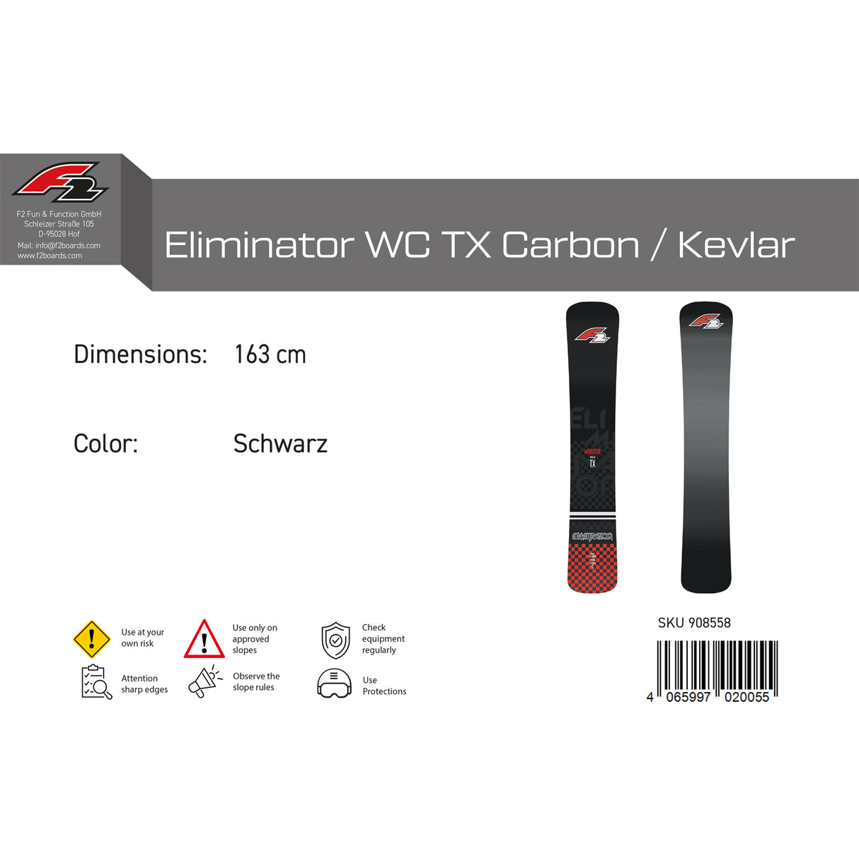 F2 Snowboard Eliminator WC TX Carbon/Kevlar Race Größe wählbar Schwarz 2023/24