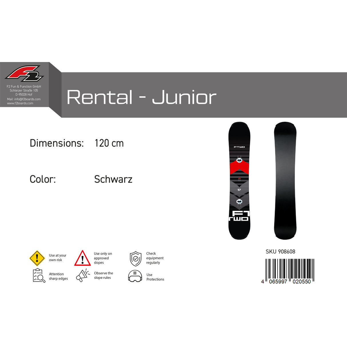 F2 Junior Snowboard Rental - Junior Race Größe wählbar Schwarz 2023/24