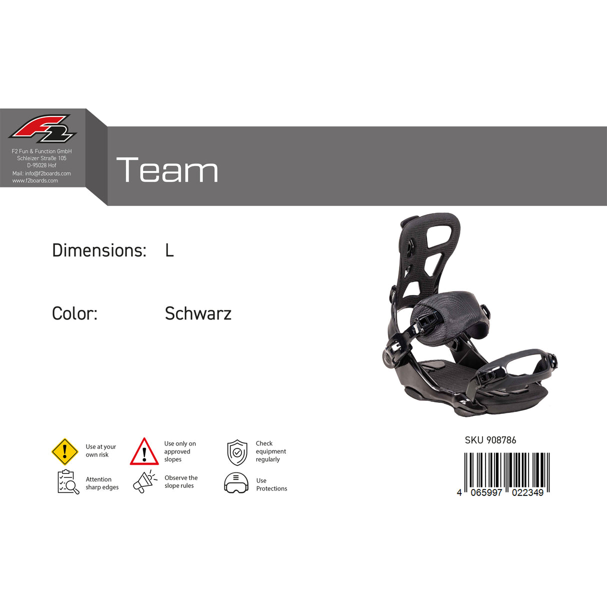 F2 Herren Snowboard Soft Bindung Team M-XL Größe wählbar Schwarz