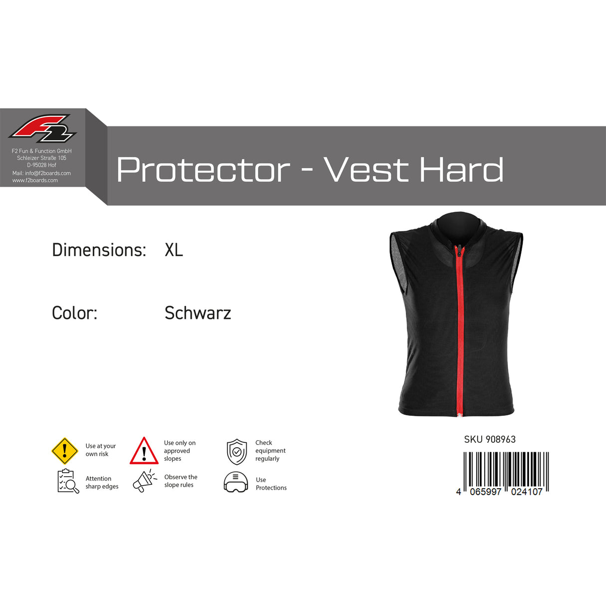F2 Snowboard Weste Protector - Vest Hard S-XL Größe wählbar Schwarz 2024/25