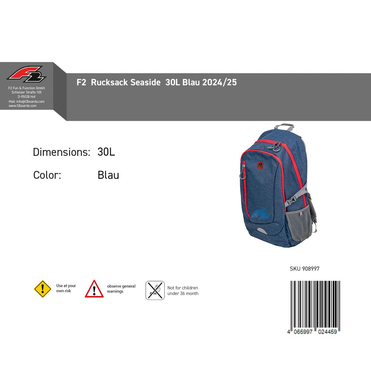 F2  Rucksack Seaside  30L Blau 2024/25