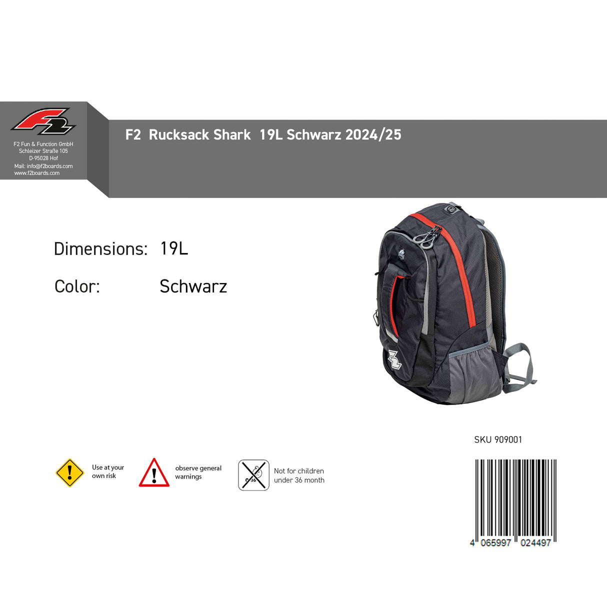 F2  Rucksack Shark  19L Schwarz 2024/25