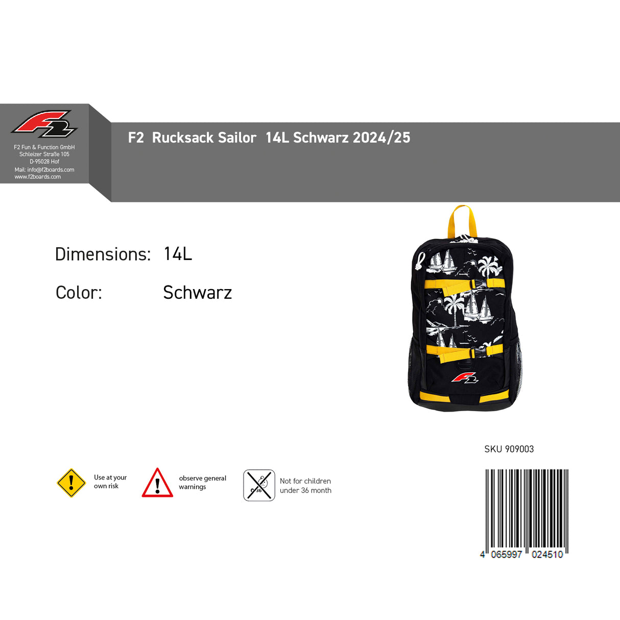 F2  Rucksack Sailor  14L Schwarz 2024/25