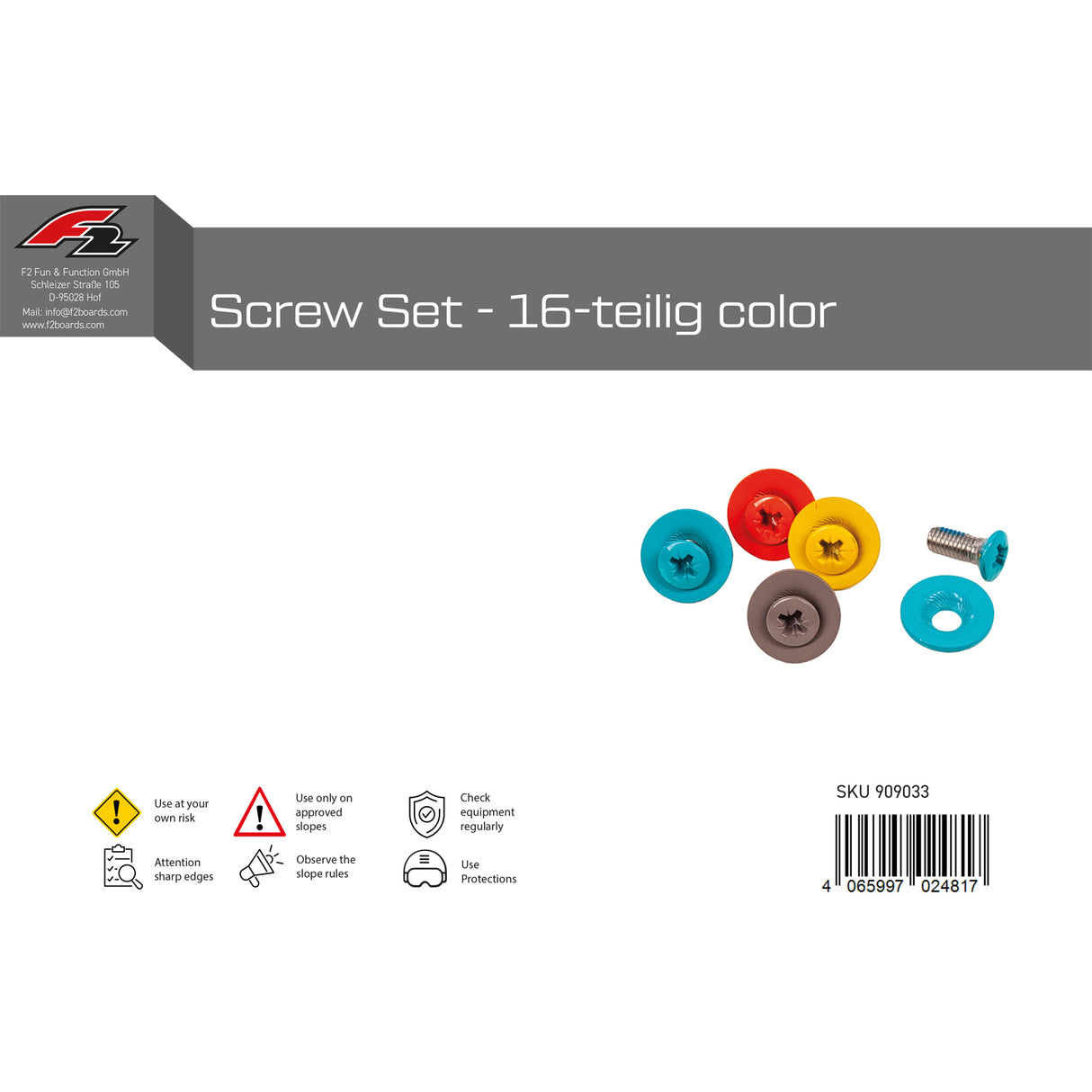 F2  Snowboard Zubehör Screw Set - 16-teilig Schrauben Set Bunt    2024/25
