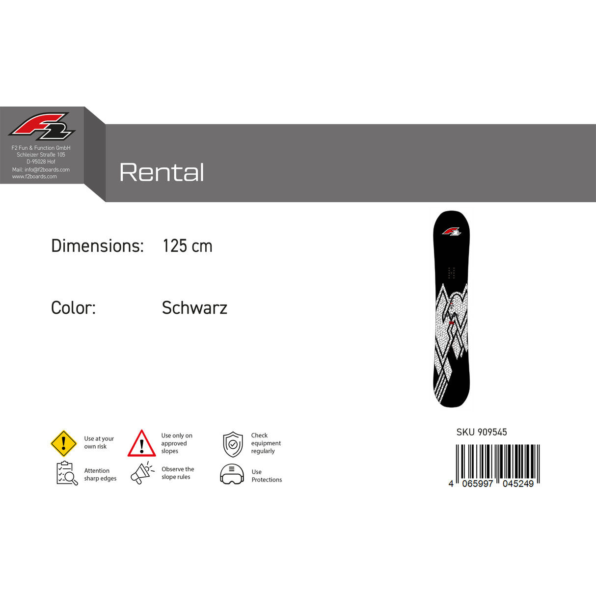 F2 Junior Snowboard Rental Größe wählbar Schwarz 2024/25