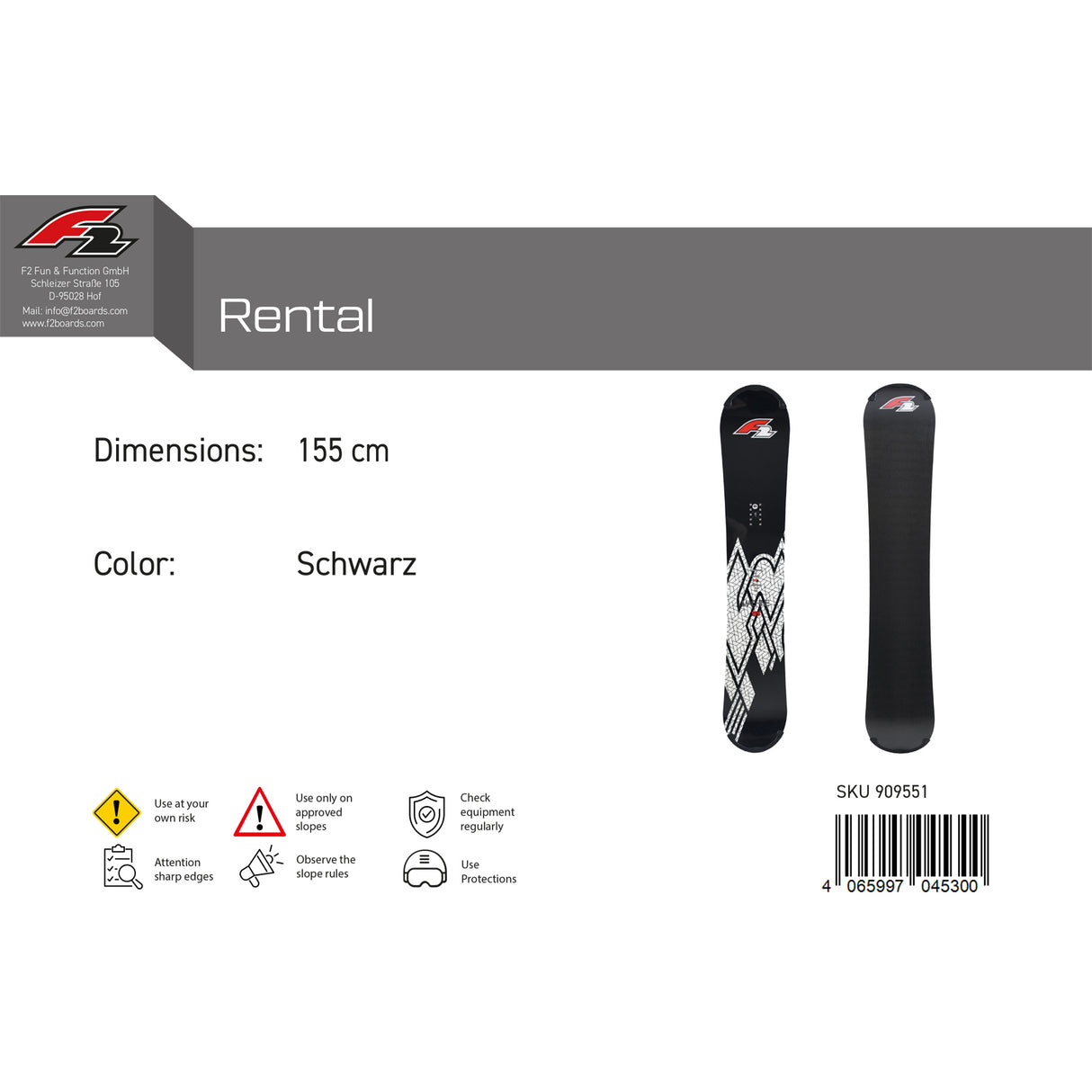F2 Snowboard Rental Größe wählbar Schwarz 2024/25