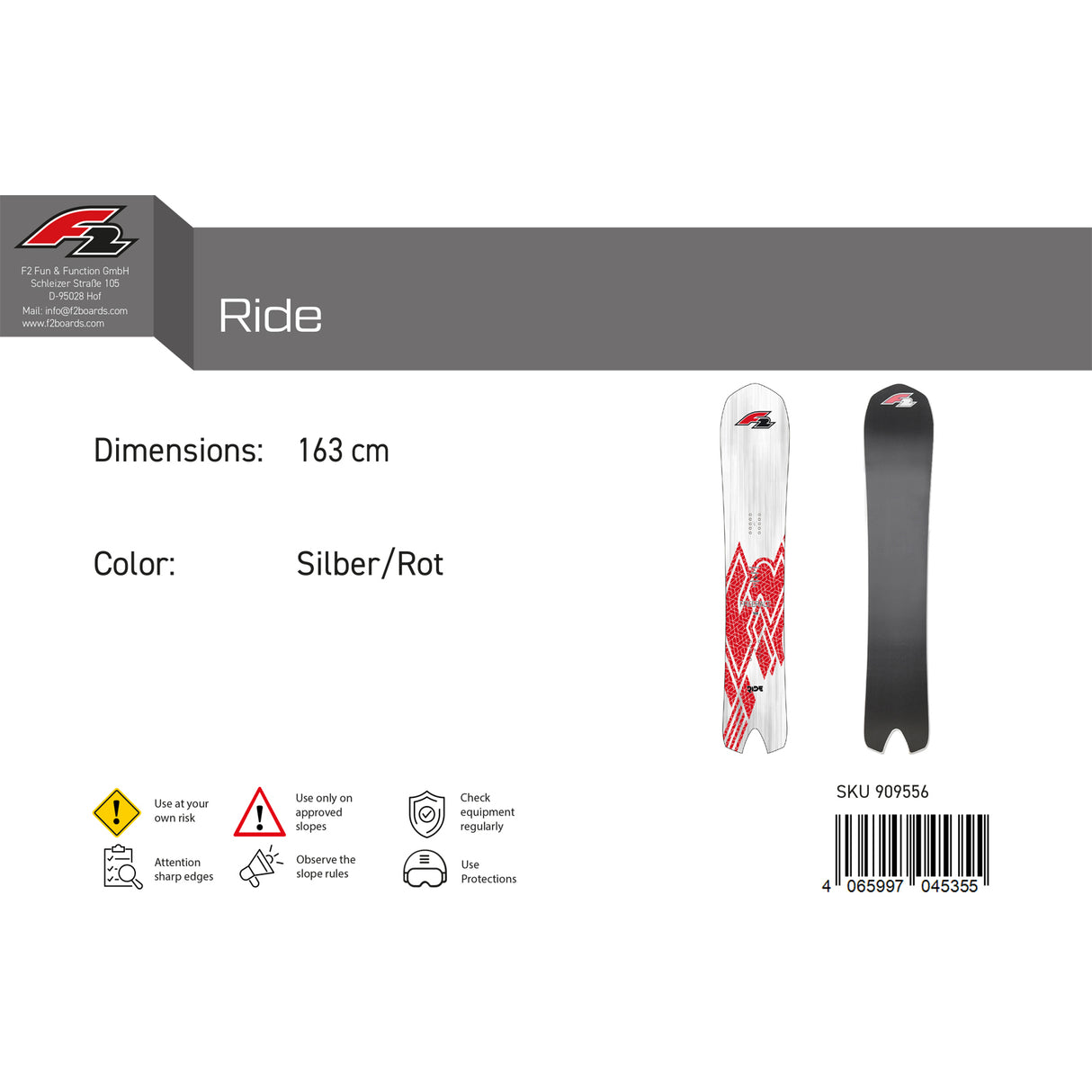 F2 Snowboard Ride Race Größe wählbar Silber/Rot 2024/25