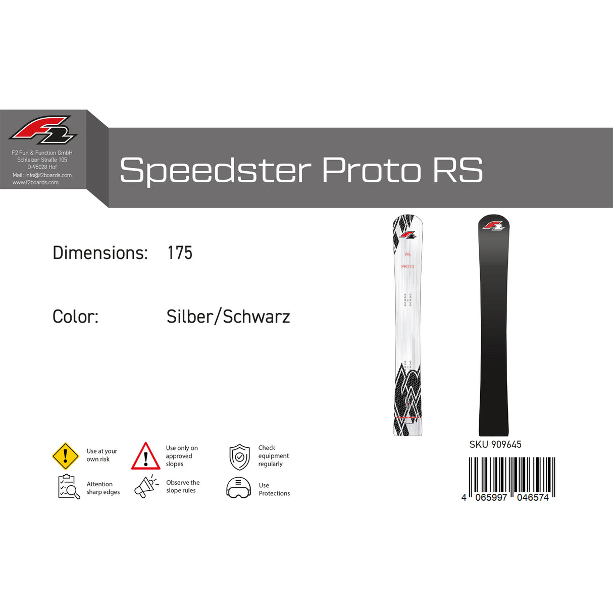 F2 Snowboard Speedster Proto RS Race Größe wählbar Silber/Schwarz 2024/25