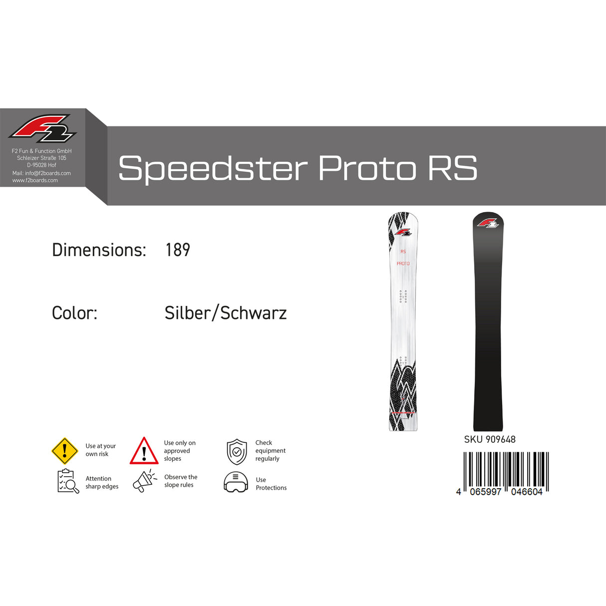 F2 Snowboard Speedster Proto RS Race Größe wählbar Silber/Schwarz 2024/25