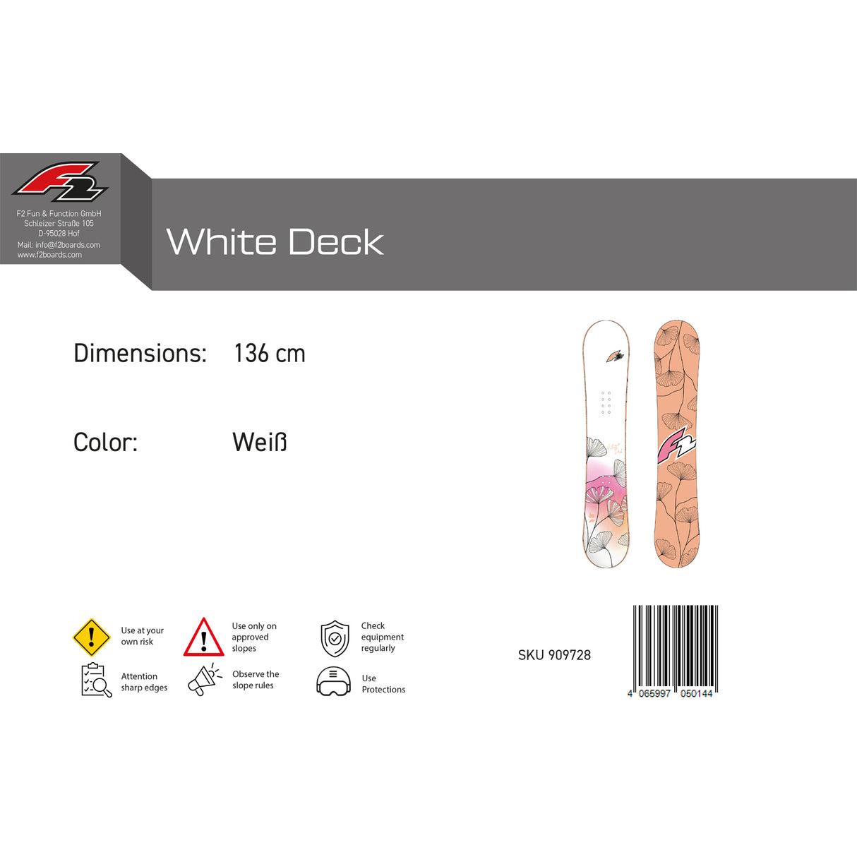 F2 Damen Snowboard White Deck Freeride Größe wählbar Weiß 2025