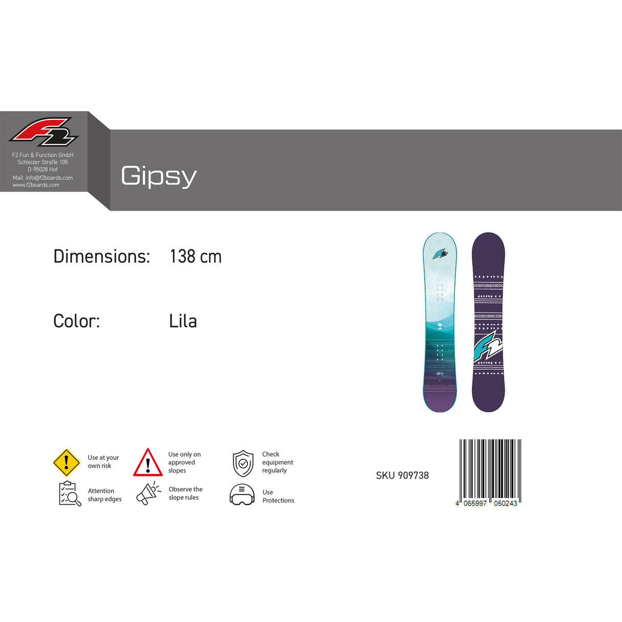 F2 Damen Snowboard Gipsy Freeride/Freestyle Größe wählbar Lila 2025