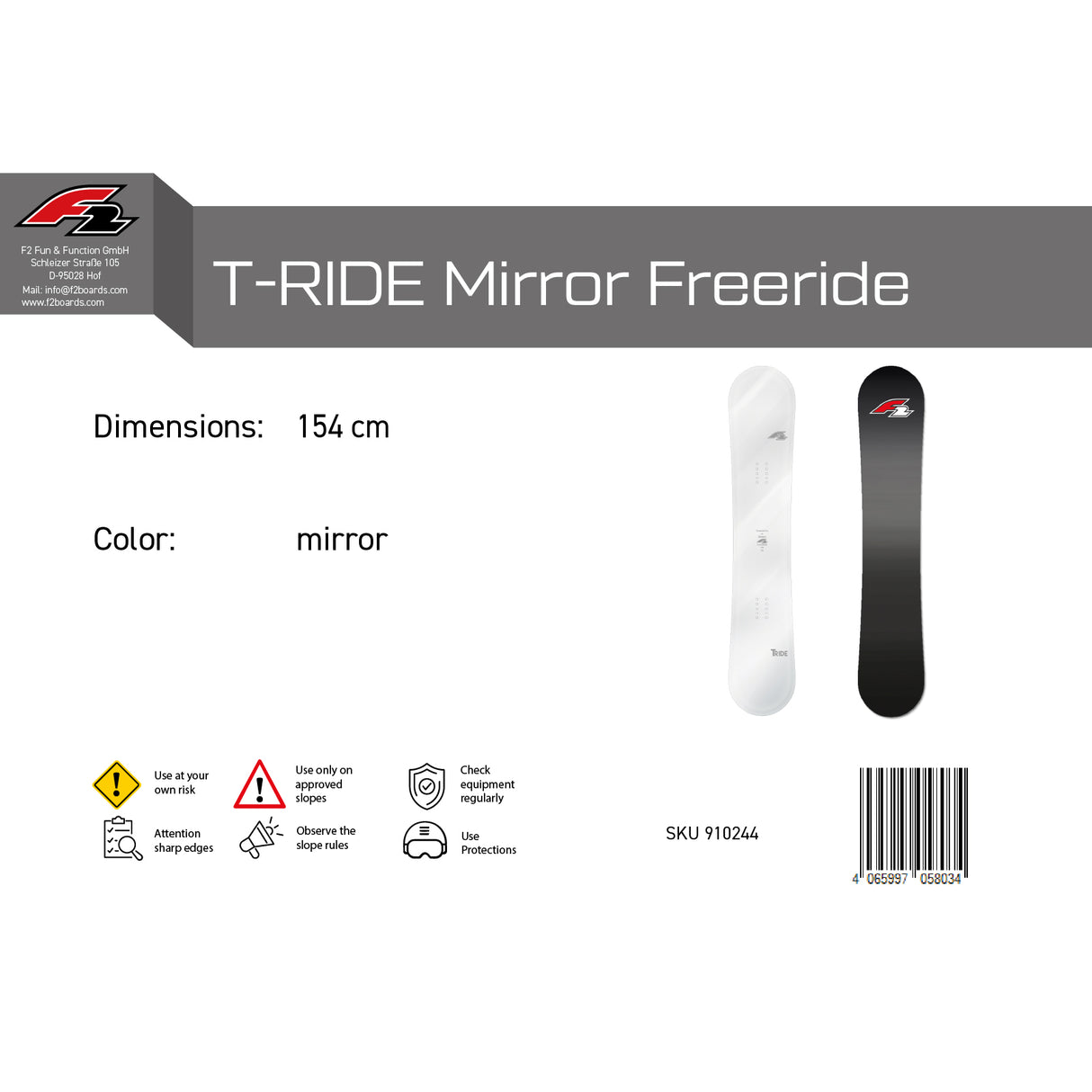 F2 Snowboard T-Ride Mirror Freeride/Freestyle Weiss - Größe wählbar