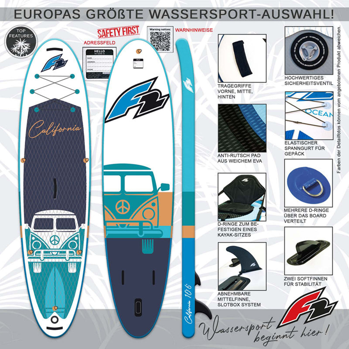 F2 SUP Stand Up Paddle Board California HFT 10'6''/11'6" wählbar Navy