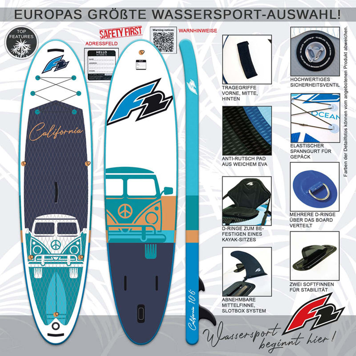 F2 SUP Stand Up Paddle Board California HFT 10'6''/11'6" wählbar Navy