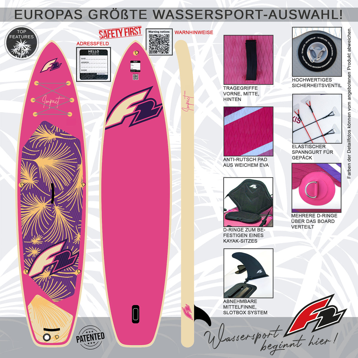 F2 Damen SUP Stand Up Paddle Board Impact Pink - Größe wählbar